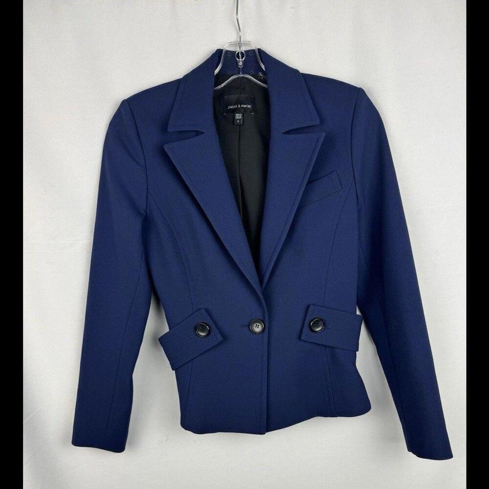 Judith & Charles Cropped Blazer Jacket Virgin Wool Blue Size 2 US